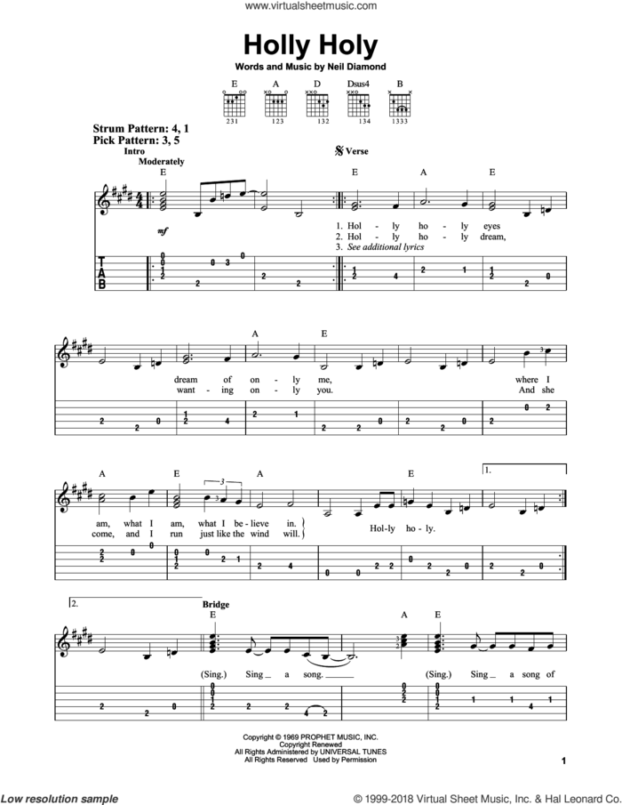 Holly Holy sheet music for guitar solo (easy tablature) by Neil Diamond, easy guitar (easy tablature)