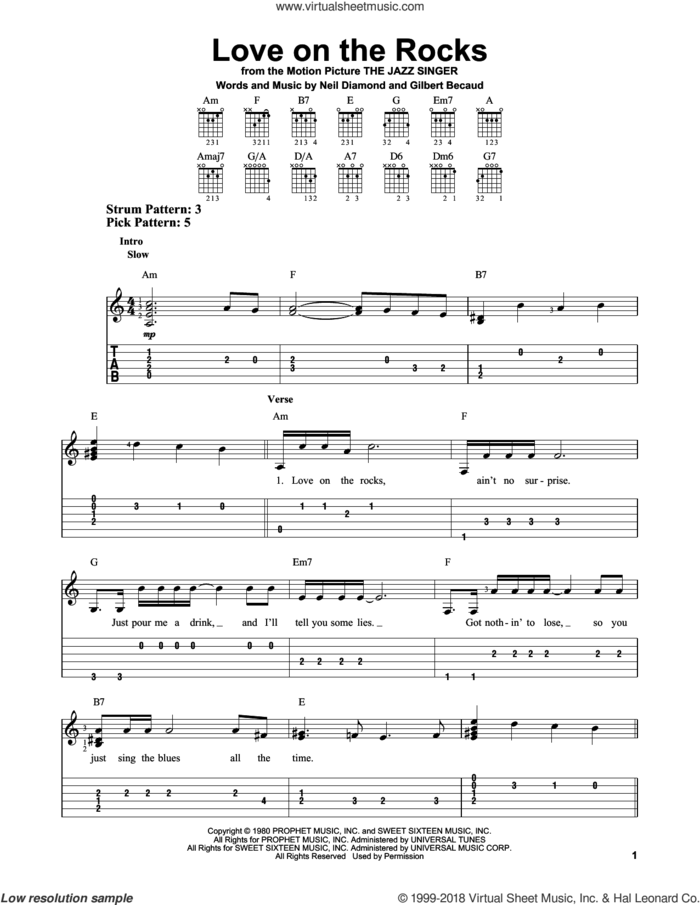 Love On The Rocks sheet music for guitar solo (easy tablature) by Neil Diamond and Gilbert Becaud, easy guitar (easy tablature)