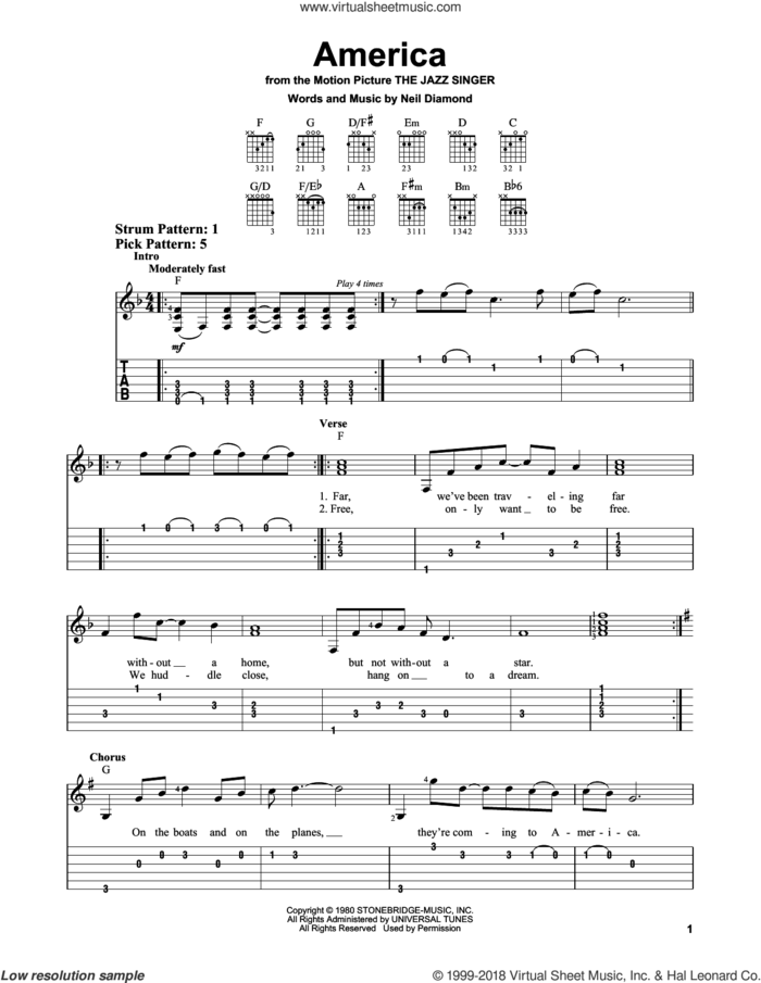 America sheet music for guitar solo (easy tablature) by Neil Diamond, easy guitar (easy tablature)