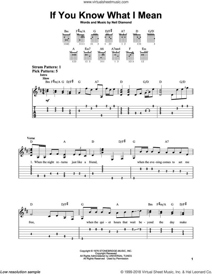 If You Know What I Mean sheet music for guitar solo (easy tablature) by Neil Diamond, easy guitar (easy tablature)