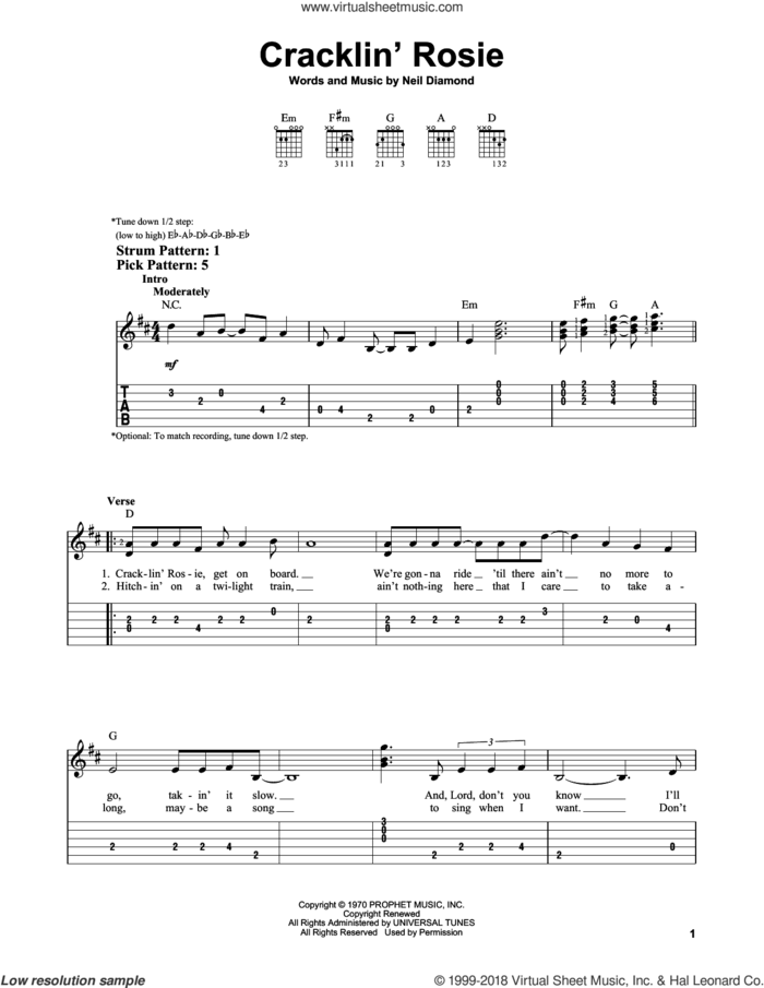 Cracklin' Rosie sheet music for guitar solo (easy tablature) by Neil Diamond, easy guitar (easy tablature)
