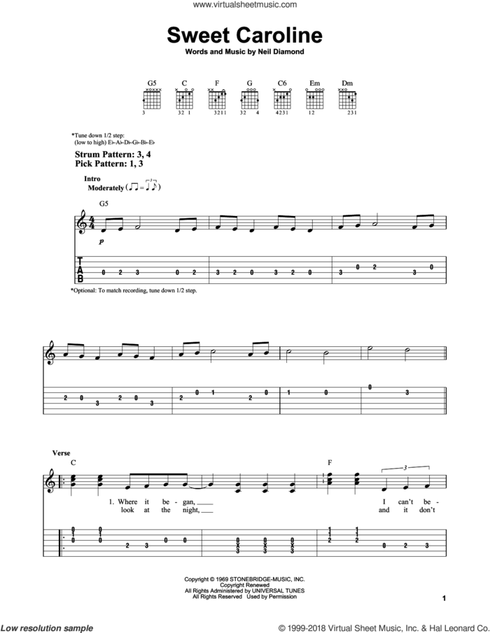 Sweet Caroline, (easy) sheet music for guitar solo (easy tablature) by Neil Diamond, easy guitar (easy tablature)