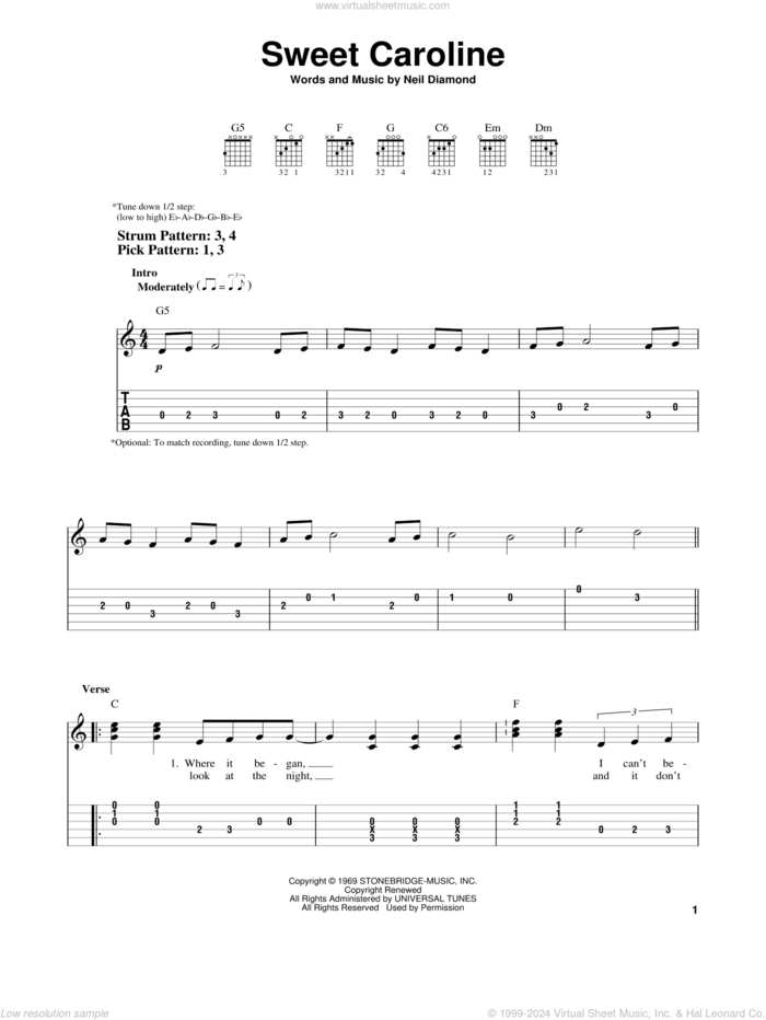 Sweet Caroline sheet music for guitar solo (easy tablature) by Neil Diamond, easy guitar (easy tablature)