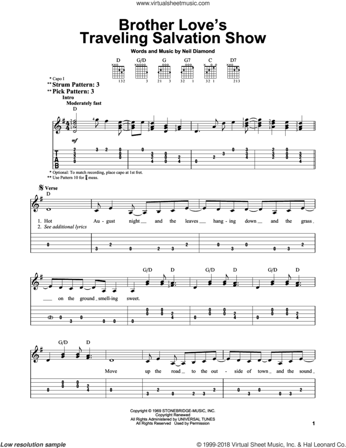 Brother Love's Traveling Salvation Show sheet music for guitar solo (easy tablature) by Neil Diamond, easy guitar (easy tablature)