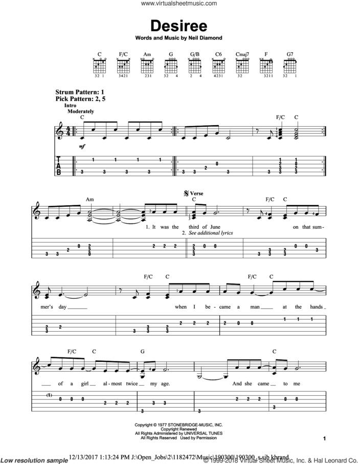 Desiree sheet music for guitar solo (easy tablature) by Neil Diamond, easy guitar (easy tablature)