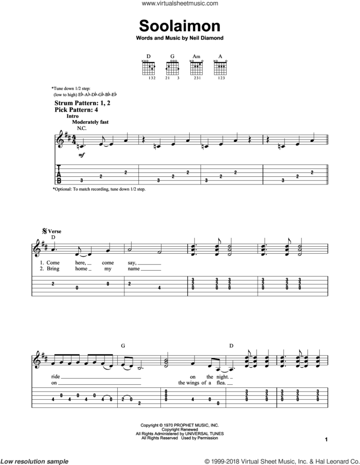 Soolaimon sheet music for guitar solo (easy tablature) by Neil Diamond, easy guitar (easy tablature)
