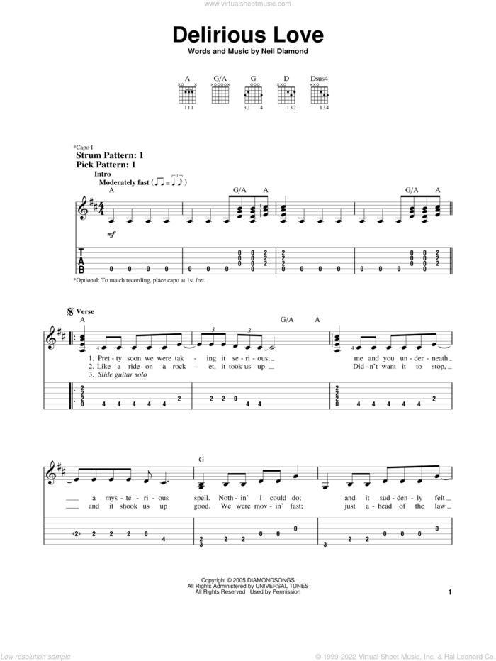 Delirious Love sheet music for guitar solo (easy tablature) by Neil Diamond, easy guitar (easy tablature)