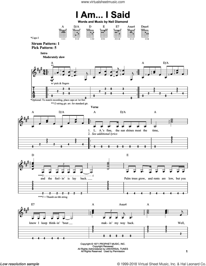 I Am...I Said sheet music for guitar solo (easy tablature) by Neil Diamond, easy guitar (easy tablature)