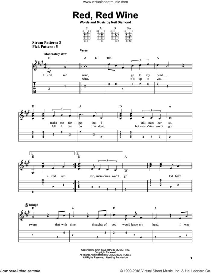 Red, Red Wine sheet music for guitar solo (easy tablature) by Neil Diamond, easy guitar (easy tablature)