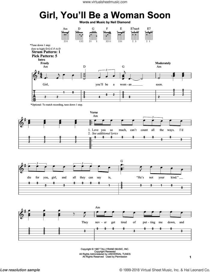 Girl, You'll Be A Woman Soon sheet music for guitar solo (easy tablature) by Neil Diamond, easy guitar (easy tablature)