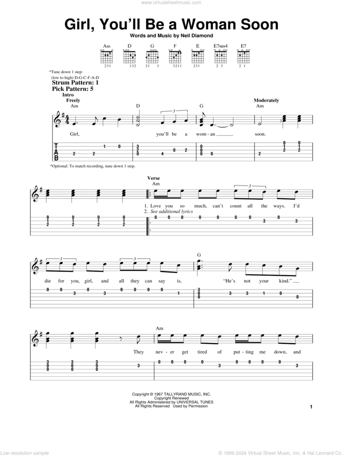 Girl, You'll Be A Woman Soon sheet music for guitar solo (easy tablature) by Neil Diamond, easy guitar (easy tablature)