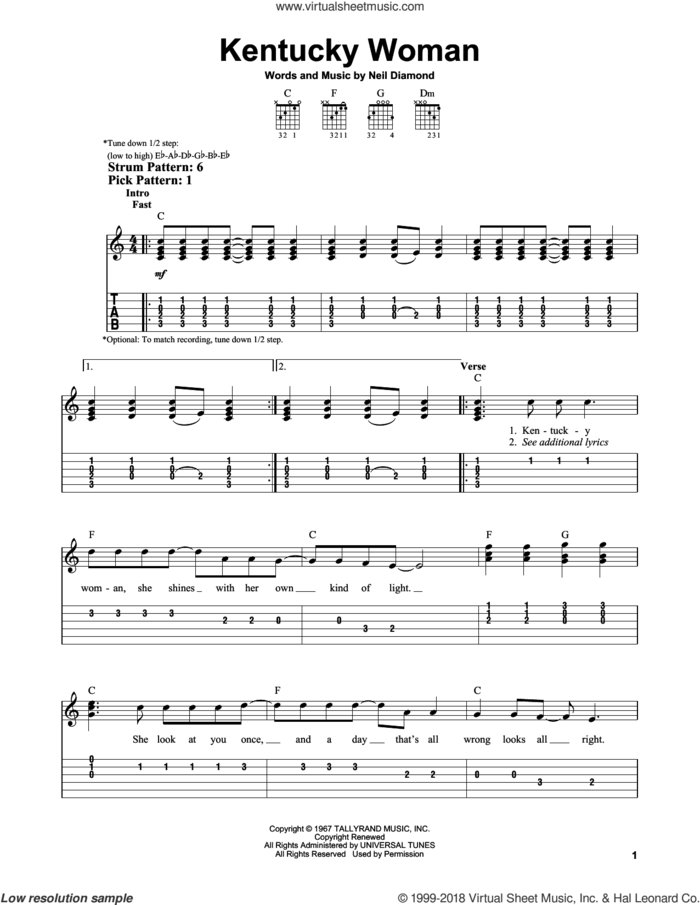 Kentucky Woman sheet music for guitar solo (easy tablature) by Neil Diamond, easy guitar (easy tablature)