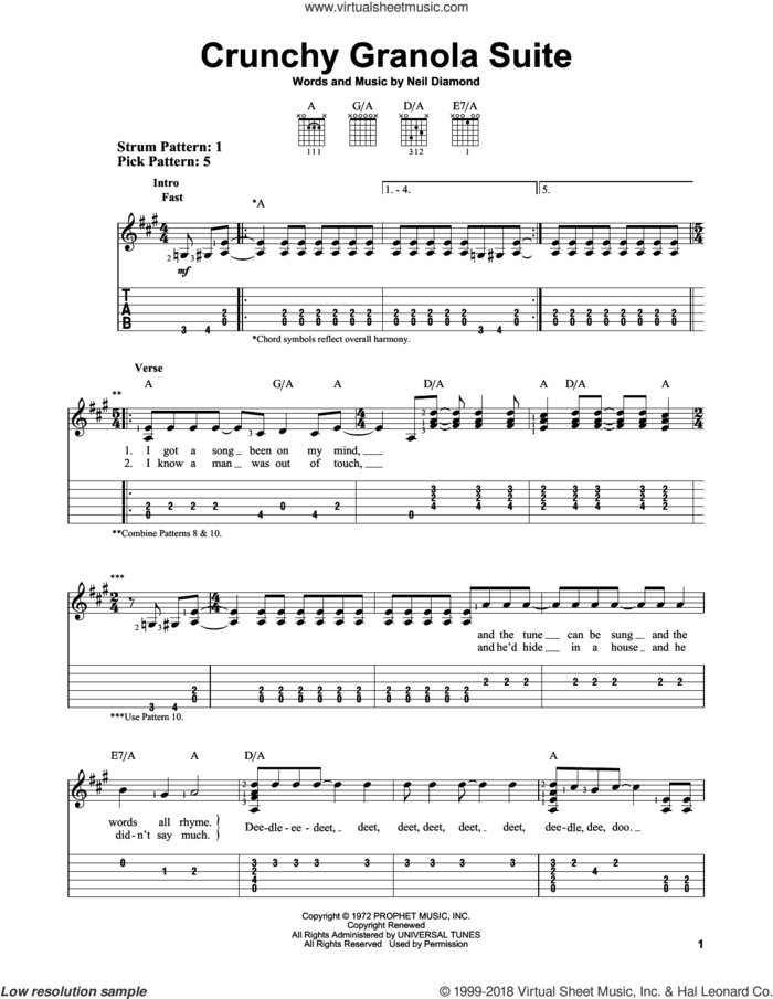 Crunchy Granola Suite sheet music for guitar solo (easy tablature) by Neil Diamond, easy guitar (easy tablature)