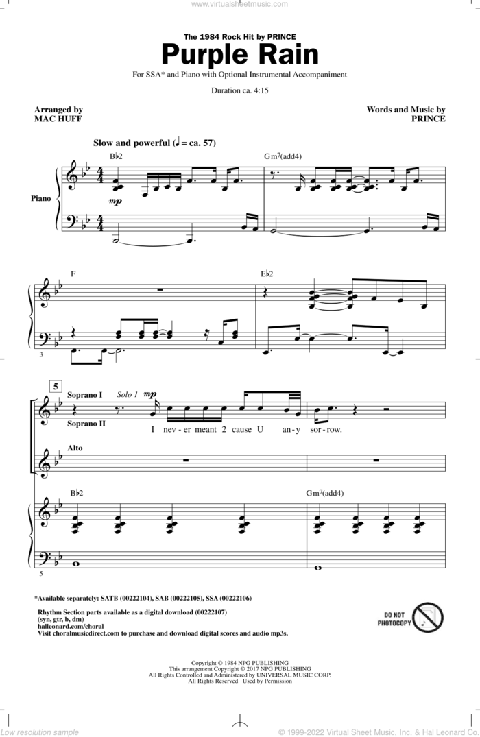 Purple Rain (arr. Mac Huff) sheet music for choir (SSA: soprano, alto) by Prince and Mac Huff, intermediate skill level