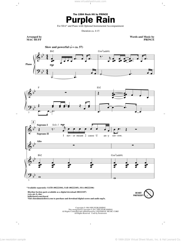 Purple Rain (arr. Mac Huff) sheet music for choir (SSA: soprano, alto) by Prince and Mac Huff, intermediate skill level