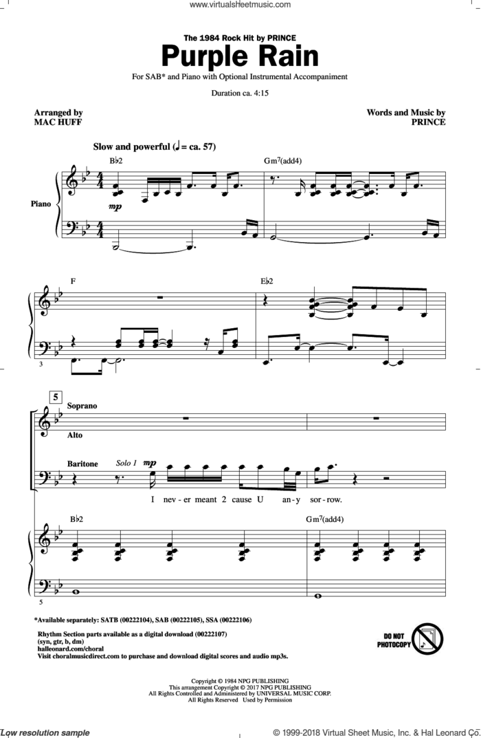 Purple Rain (arr. Mac Huff) sheet music for choir (SAB: soprano, alto, bass) by Prince and Mac Huff, intermediate skill level