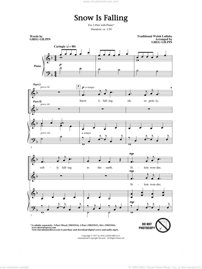 Snow Is Falling sheet music for choir (2-Part) by Greg Gilpin and Miscellaneous, intermediate duet