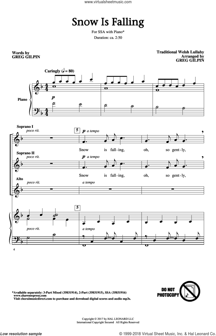 Snow Is Falling sheet music for choir (SSA: soprano, alto) by Greg Gilpin and Miscellaneous, intermediate skill level
