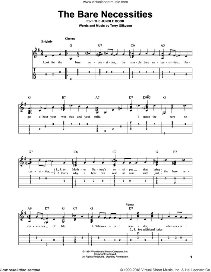The Bare Necessities (from The Jungle Book) sheet music for guitar solo by Terry Gilkyson, intermediate skill level