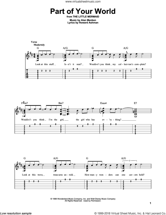 Part Of Your World (from The Little Mermaid) sheet music for guitar solo by Alan Menken, Alan Menken & Howard Ashman and Howard Ashman, intermediate skill level