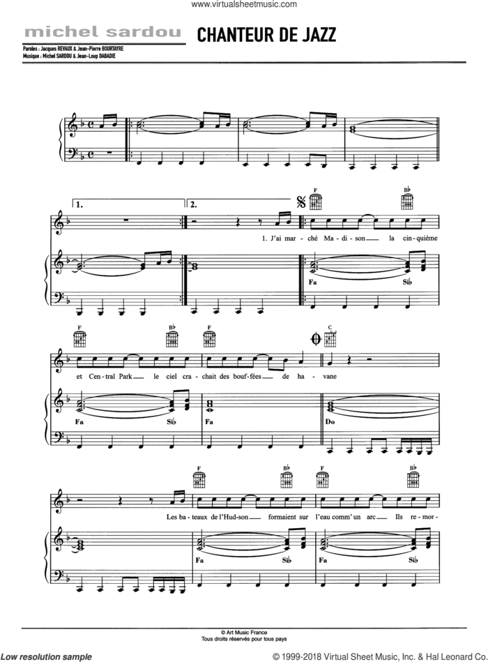 Chanteur De Jazz sheet music for voice, piano or guitar by Michel Sardou and Jean-Loup Dabadie, intermediate skill level
