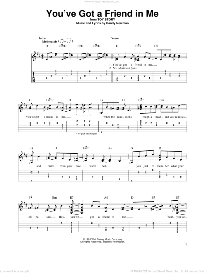 You've Got A Friend In Me (from Toy Story) sheet music for guitar solo by Randy Newman and Lyle Lovett, intermediate skill level