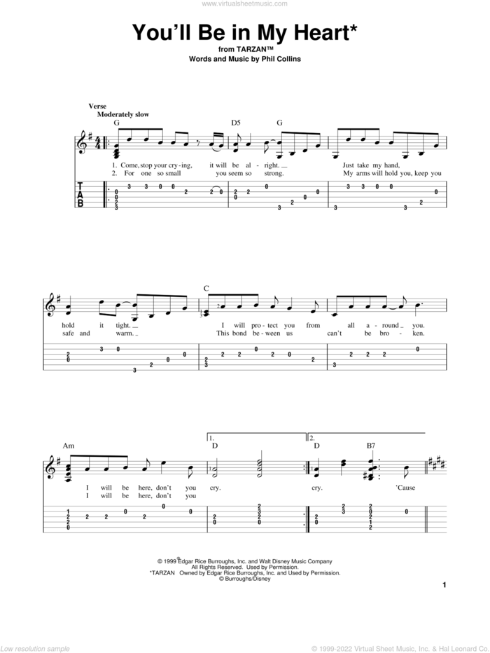 You'll Be In My Heart (from Tarzan) sheet music for guitar solo by Phil Collins, intermediate skill level
