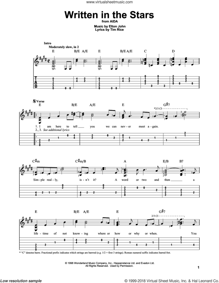 Written In The Stars (from Aida) sheet music for guitar solo by Elton John and Tim Rice, intermediate skill level