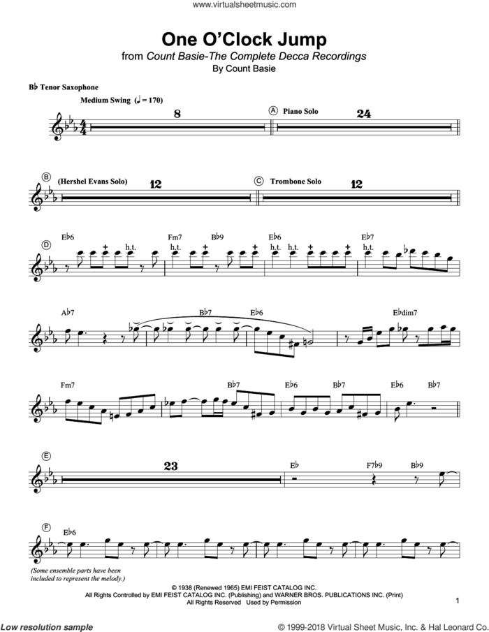 One O'Clock Jump sheet music for tenor saxophone solo (transcription) by Lester Young and Count Basie, intermediate tenor saxophone (transcription)