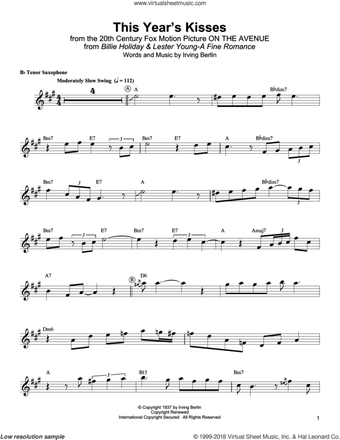 This Year's Kisses sheet music for tenor saxophone solo (transcription) by Lester Young, Billie Holiday and Irving Berlin, intermediate tenor saxophone (transcription)