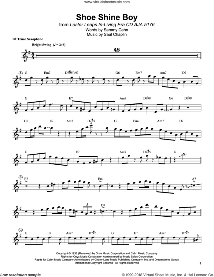 Shoe Shine Boy sheet music for tenor saxophone solo (transcription) by Lester Young, Sammy Cahn and Saul Chaplin, intermediate tenor saxophone (transcription)