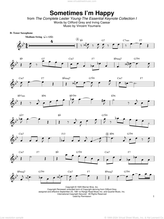 Sometimes I'm Happy sheet music for tenor saxophone solo (transcription) by Lester Young, Irving Caesar and Vincent Youmans, intermediate tenor saxophone (transcription)