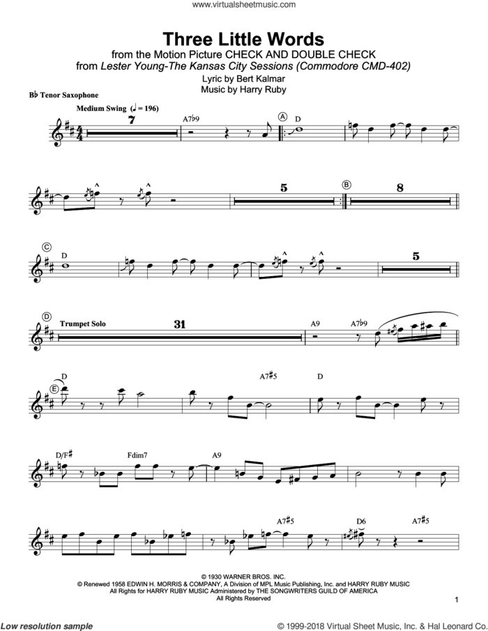 Three Little Words sheet music for tenor saxophone solo (transcription) by Lester Young, Bert Kalmar and Harry Ruby, intermediate tenor saxophone (transcription)
