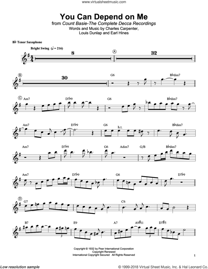 You Can Depend On Me sheet music for tenor saxophone solo (transcription) by Lester Young, Charles Carpenter and Earl Hines, intermediate tenor saxophone (transcription)