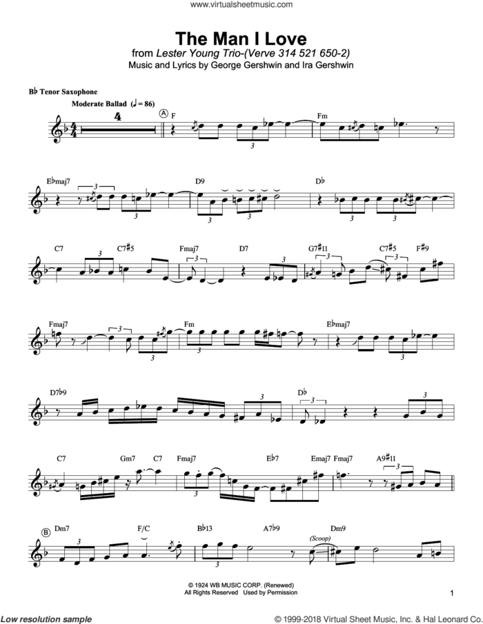 The Man I Love sheet music for tenor saxophone solo (transcription) by Lester Young, George Gershwin and Ira Gershwin, intermediate tenor saxophone (transcription)