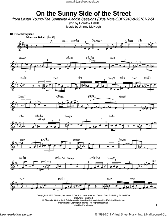 On The Sunny Side Of The Street sheet music for tenor saxophone solo (transcription) by Lester Young, Dorothy Fields and Jimmy McHugh, intermediate tenor saxophone (transcription)