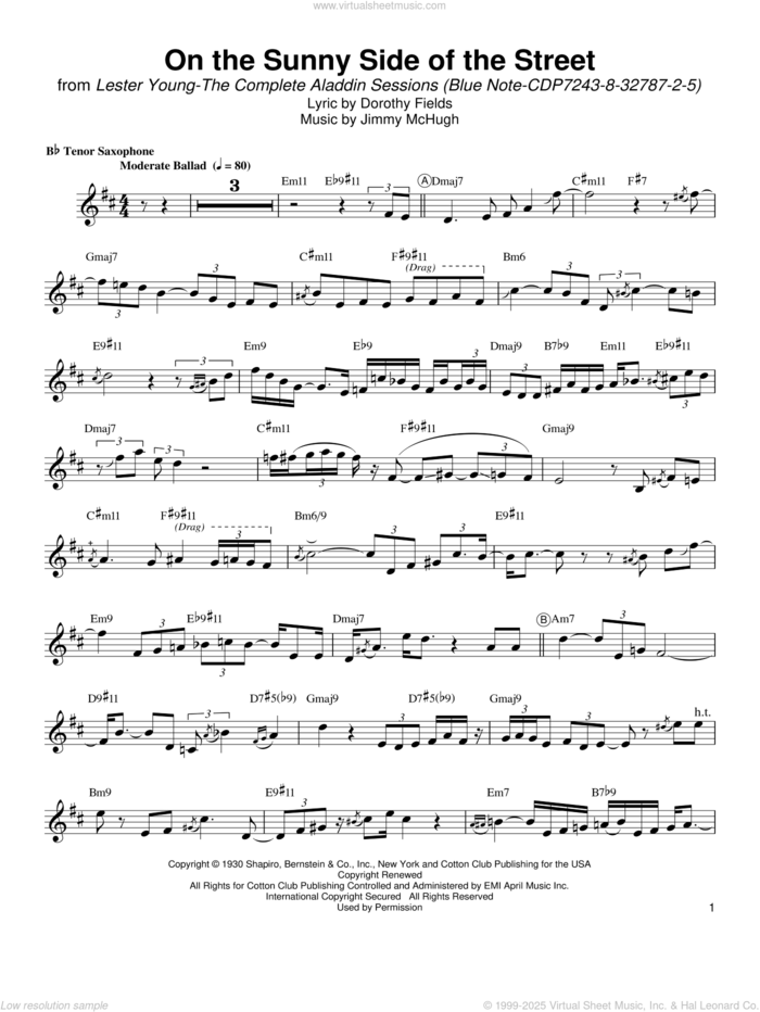 On The Sunny Side Of The Street sheet music for tenor saxophone solo (transcription) by Lester Young, Dorothy Fields and Jimmy McHugh, intermediate tenor saxophone (transcription)