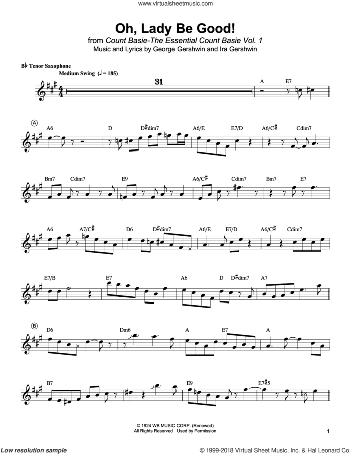Oh, Lady Be Good! sheet music for tenor saxophone solo (transcription) by Lester Young, George Gershwin and Ira Gershwin, intermediate tenor saxophone (transcription)