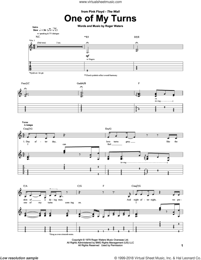 One Of My Turns sheet music for guitar (tablature) by Pink Floyd and Roger Waters, intermediate skill level