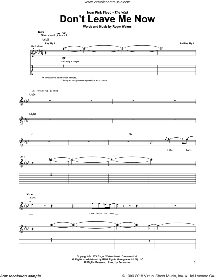 Don't Leave Me Now sheet music for guitar (tablature) by Pink Floyd, intermediate skill level
