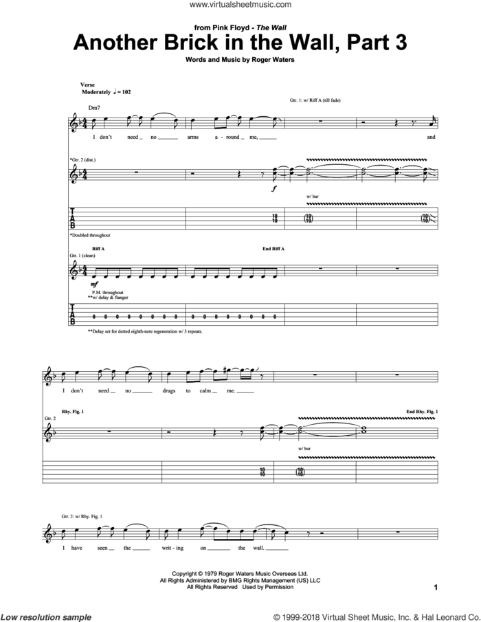 Another Brick In The Wall, Part 3 sheet music for guitar (tablature) by Pink Floyd and Roger Waters, intermediate skill level