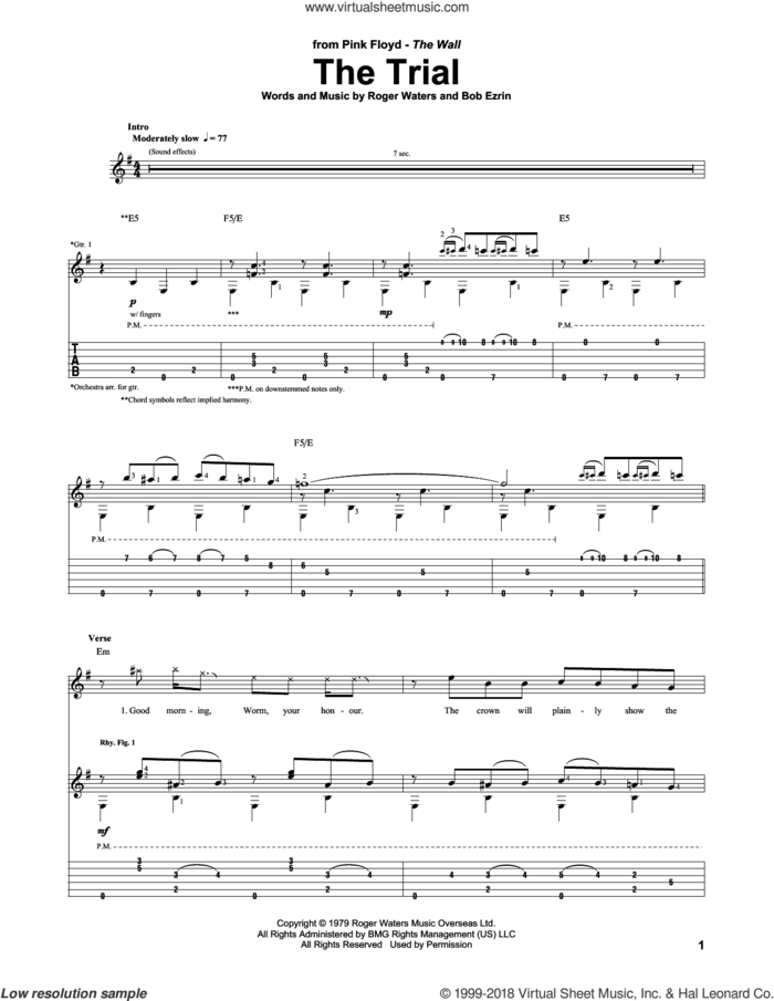 The Trial sheet music for guitar (tablature) by Pink Floyd, Bob Ezrin and Roger Waters, intermediate skill level
