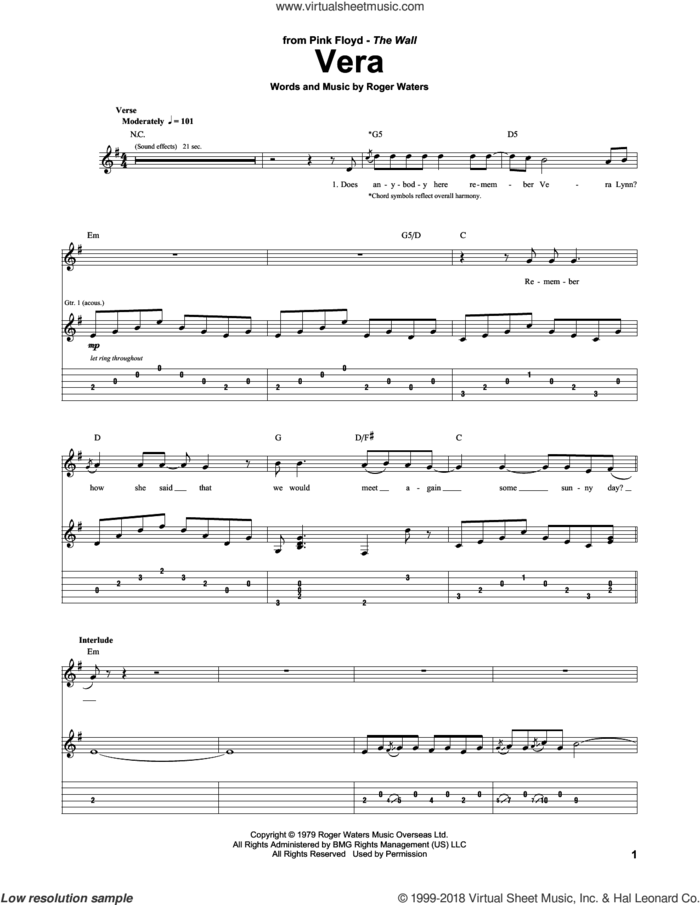 Vera sheet music for guitar (tablature) by Pink Floyd and Roger Waters, intermediate skill level
