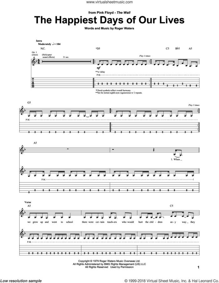 The Happiest Days Of Our Lives sheet music for guitar (tablature) by Pink Floyd and Roger Waters, intermediate skill level