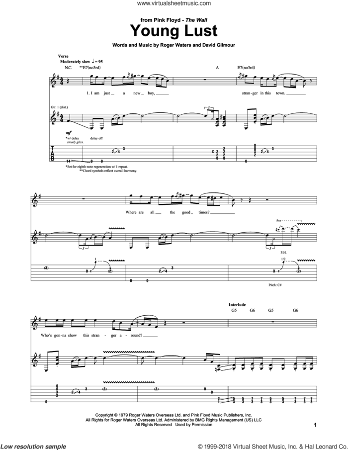 Young Lust sheet music for guitar (tablature) by Pink Floyd, David Gilmour and Roger Waters, intermediate skill level