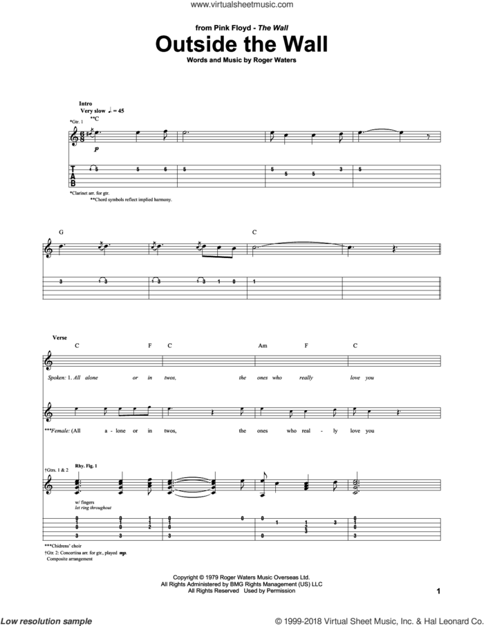 Outside The Wall sheet music for guitar (tablature) by Pink Floyd and Roger Waters, intermediate skill level