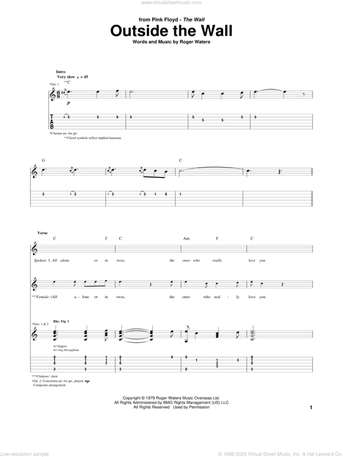 Outside The Wall sheet music for guitar (tablature) by Pink Floyd and Roger Waters, intermediate skill level