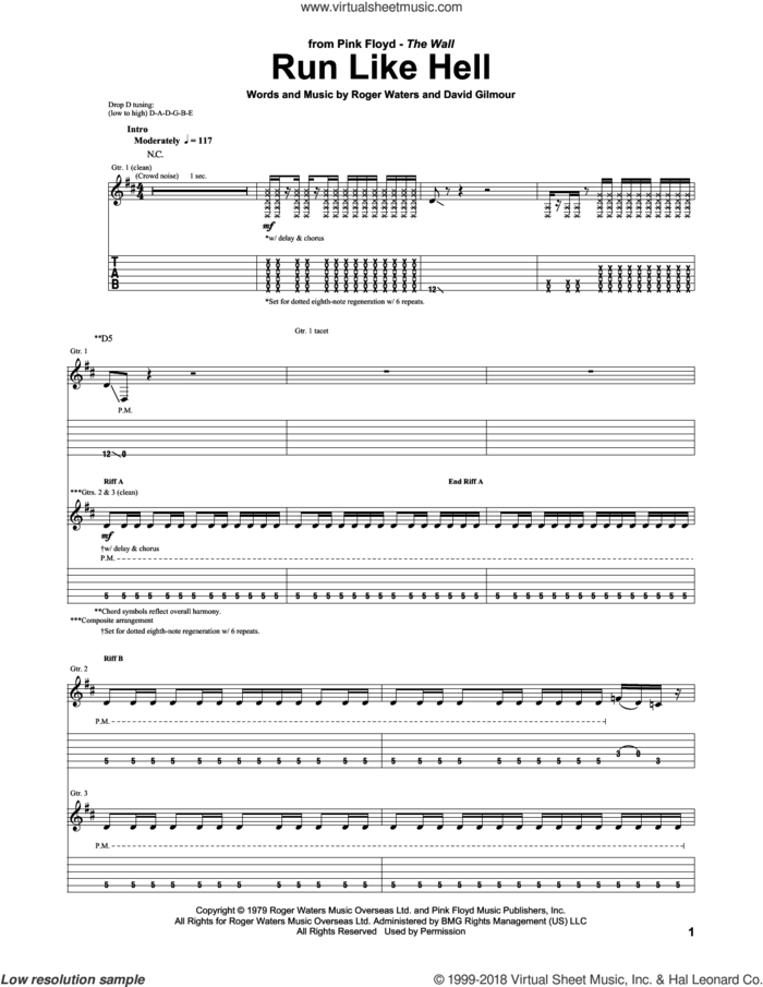 Run Like Hell sheet music for guitar (tablature) by Pink Floyd, David Gilmour and Roger Waters, intermediate skill level