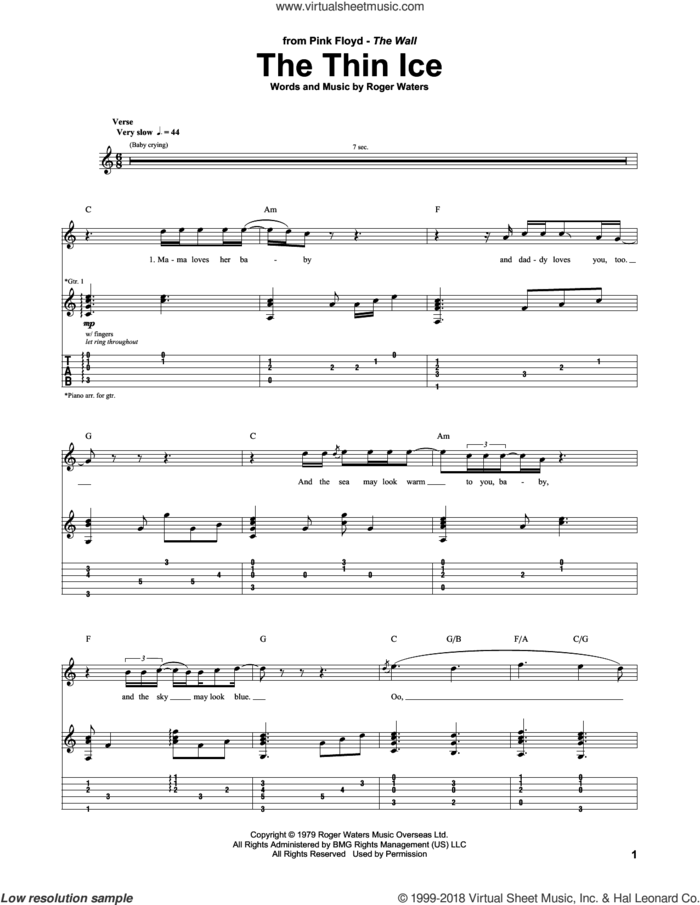 The Thin Ice sheet music for guitar (tablature) by Pink Floyd and Roger Waters, intermediate skill level