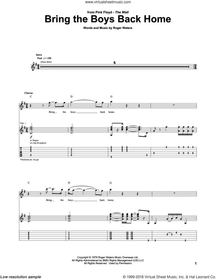Bring The Boys Back Home sheet music for guitar (tablature) by Pink Floyd and Roger Waters, intermediate skill level